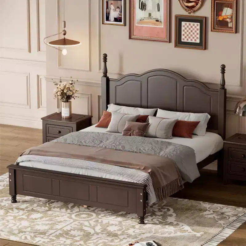 GDFStudio Lucinda Retro Wooden Platform Bed with Headboard
