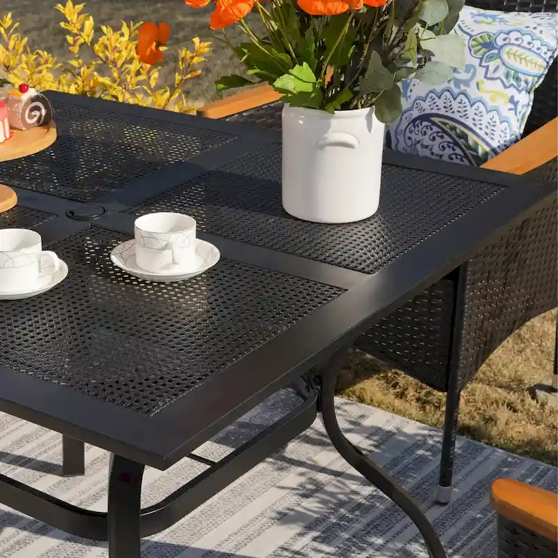 MAISON ARTS 6-Piece Metal Patio Dining Set: 4 Swivel Chairs, 1 Steel Frame Square 37 Table and 1x10ft 3-Tier Red Umbrella