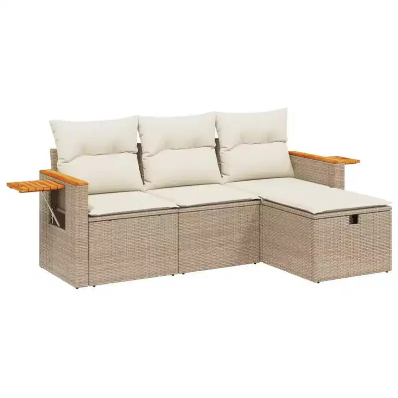 vidaXL 4 Piece Patio Sofa Set with Cushions Beige Poly Rattan