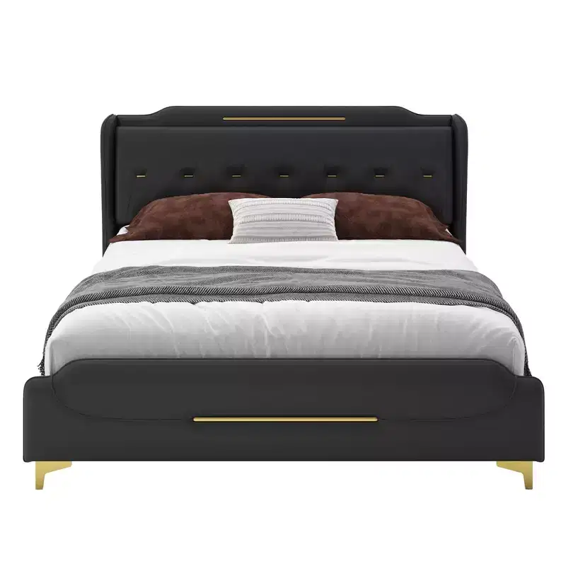 King Modern Faux Leather Upholstered Bed with Wingback Headboar