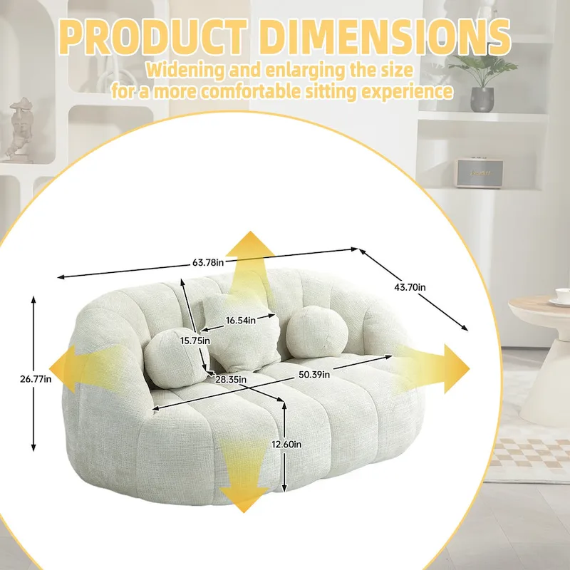 White 63.78 Chenille Lounge Chair with Foam Filling and Pillows