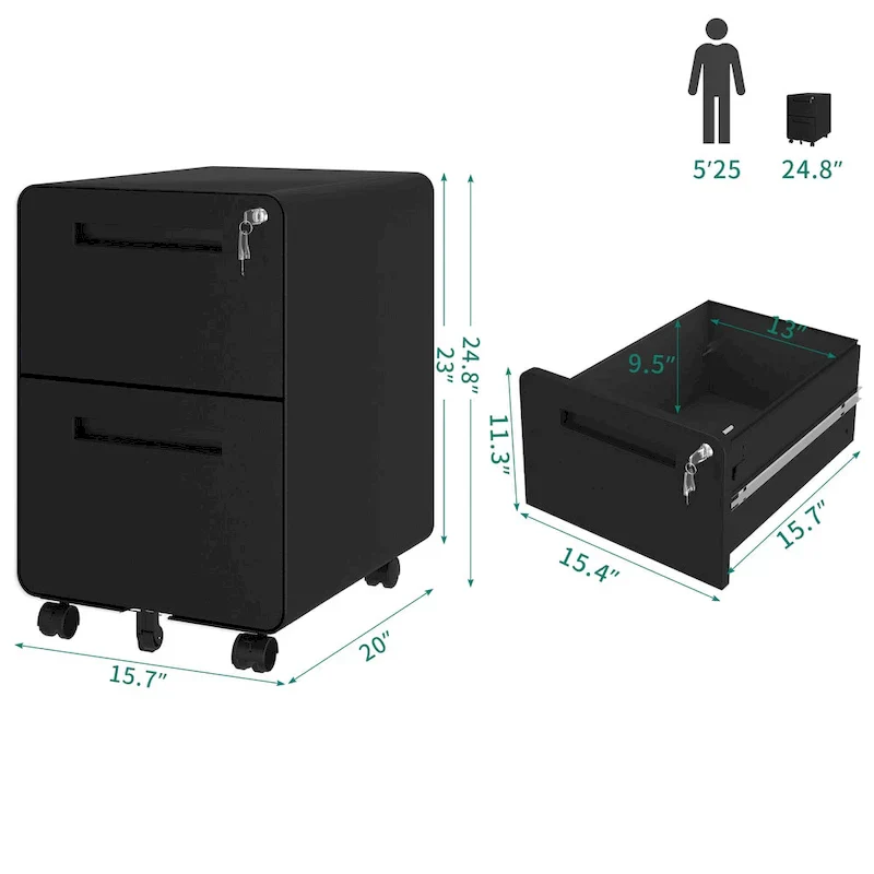 Black/White 2-Drawer Rolling Locking Steel File Cabinet for 1 Person