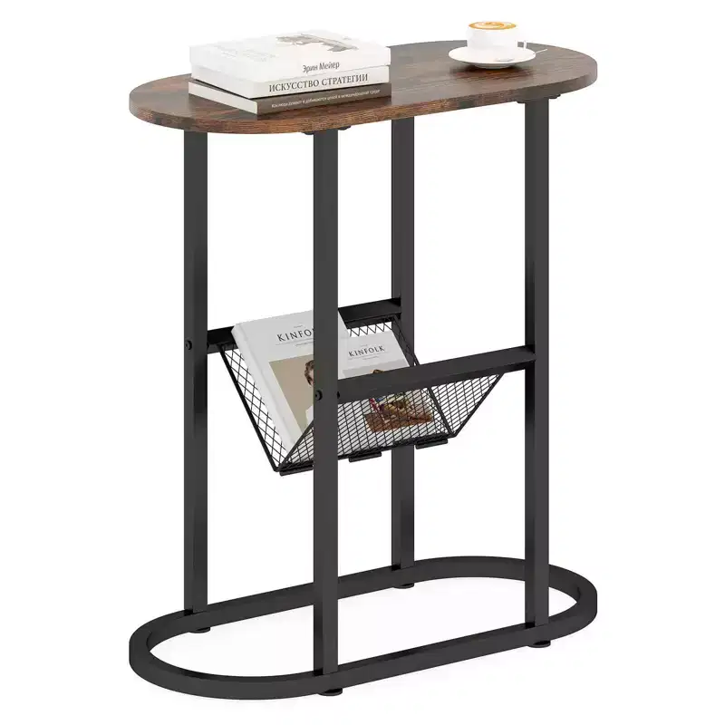 End Table with Faux Marble Tabletop & Magazine Holder Heavy-duty Metal Frame Brown/White