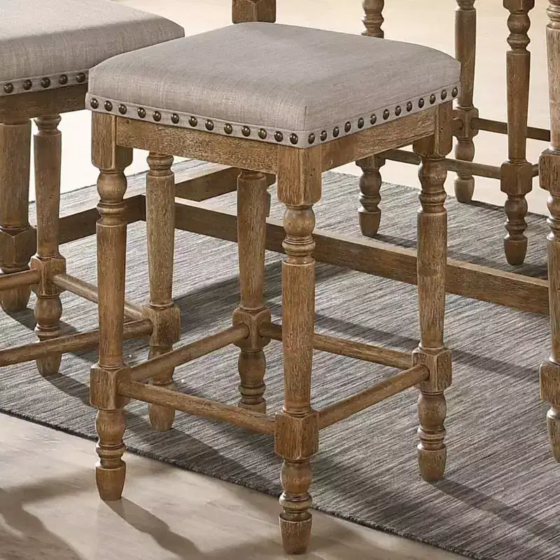 Counter Height Barstool Beige Fabric/Weathered Oak Finish - Linen Upholstery, Nailhead Trim, Wood Frame