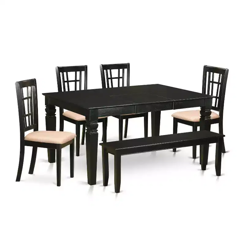 HomeStock 6-Piece Rectangle Black Finish Solid Wood Top dining Table with 1 Bench and 4 Chairs