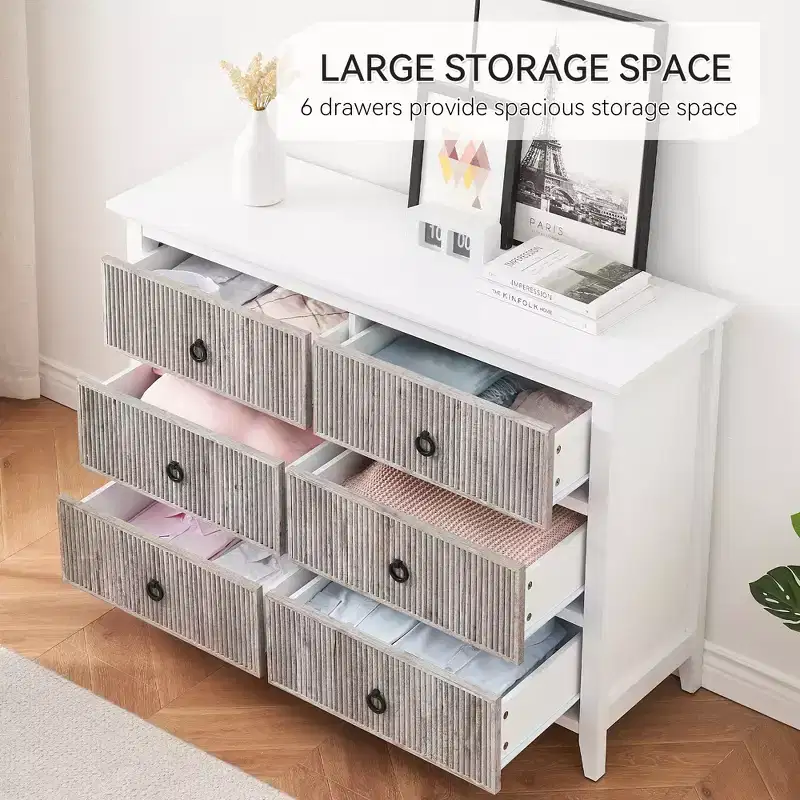 Dresser For Bedroom - 6-Drawer Fluted Dresser Cabinet Modern Storage Chest Wide Wood Organizer Dresser For Bedroom Living Room