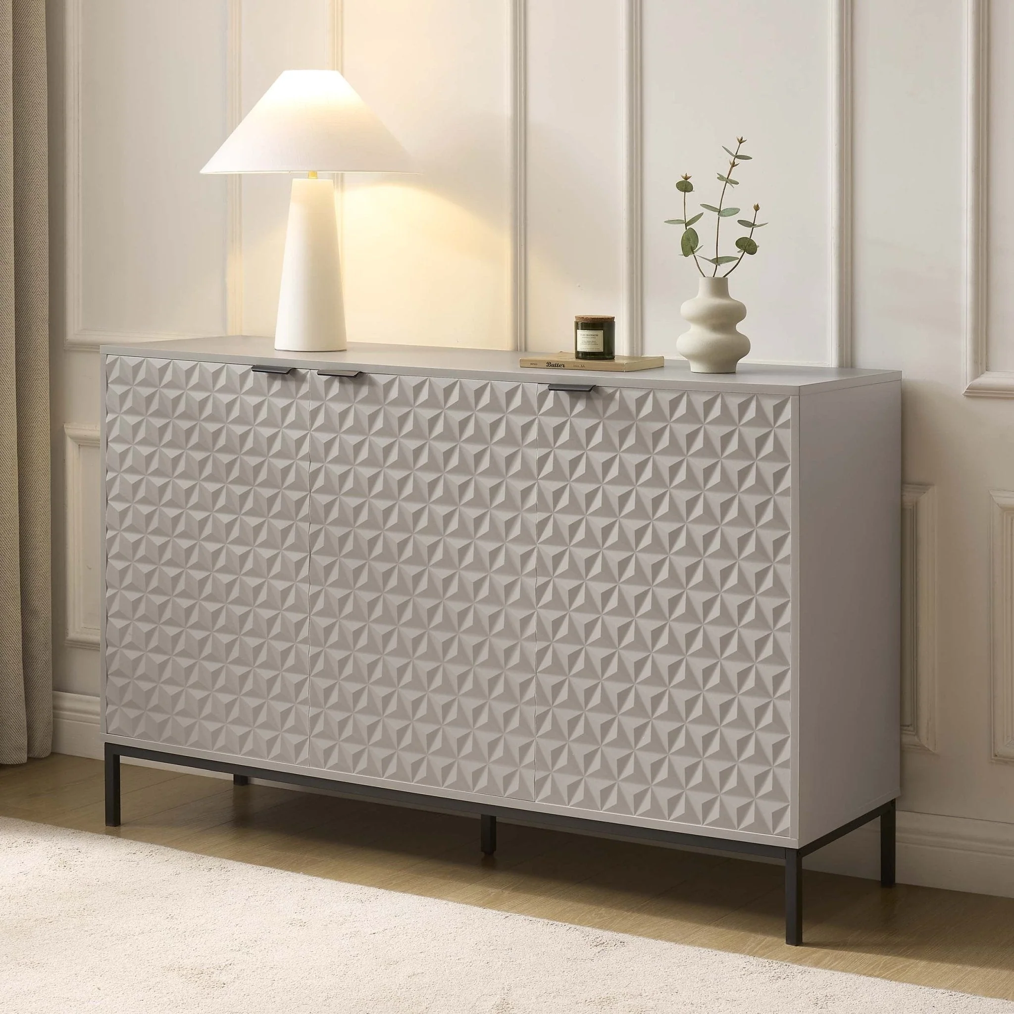 Contemporary Taupe Painted Sideboard with Geometric Pattern for Living Room