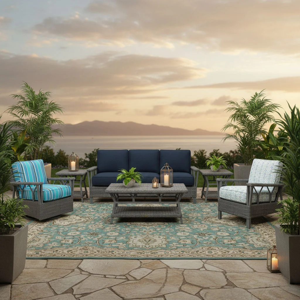 Outdoor Wicker Patio Lounge Chair with Navy Blue Cushions