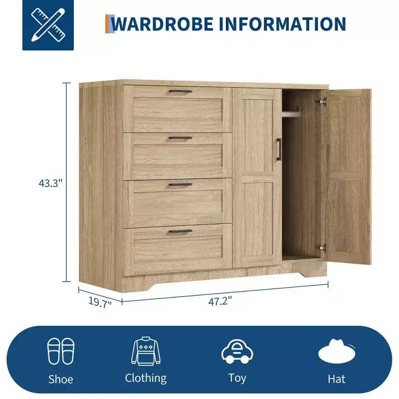 43.3 H Wooden Dresser, Multifunctional Low Wardrobe Armoire with 4 Drawers & Hanging Rod, Storage Cabinet for Bedroom Living Room