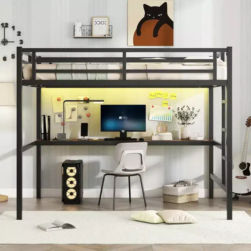 Bellemave Full Size Metal Loft Bed with Desk, Power Outlet, USB Port & LED Lights, Space-Saving Study Bed with Safety Guardrails, Black