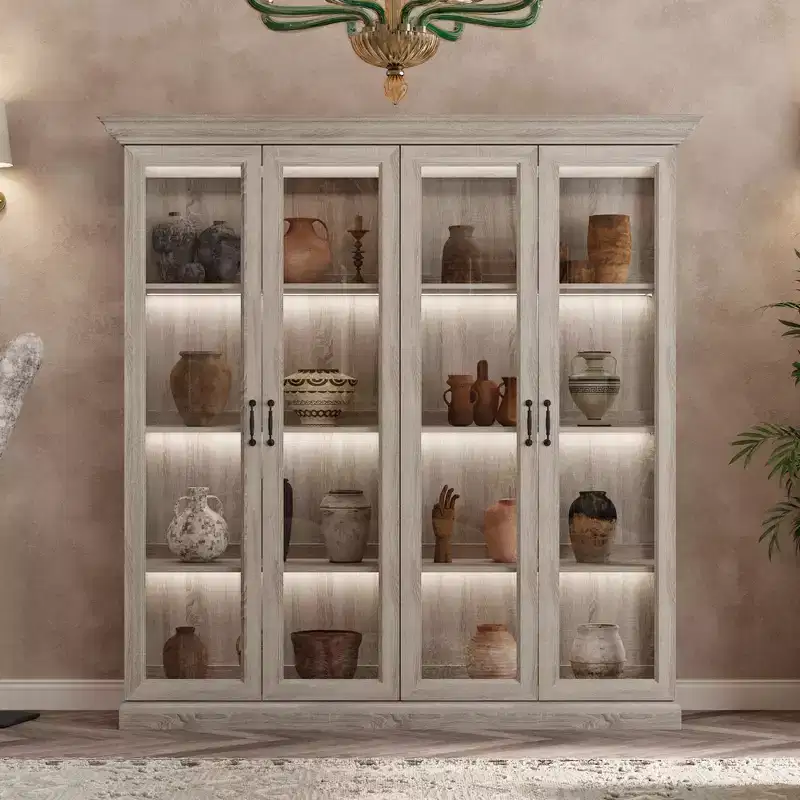 Famapy 4-Door Glass Display Cabinet Gray Oak Finish LED Strip Light Tempered Glass Doors LED Lighting Curio Pantry