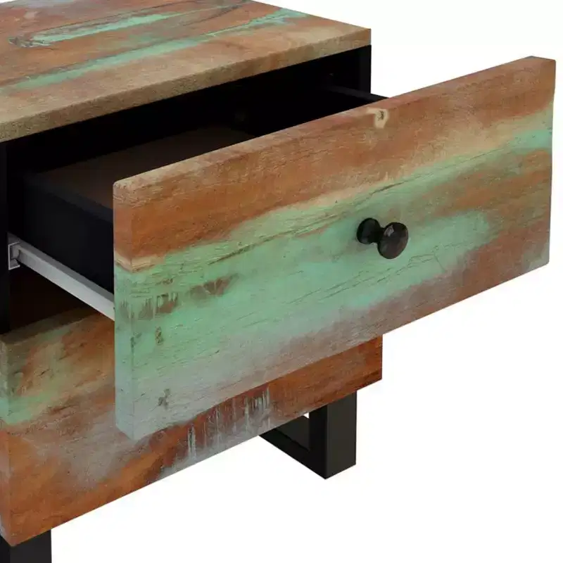 Industrial Bedside Cabinet with Reclaimed Wood & Iron Legs, Multicolour