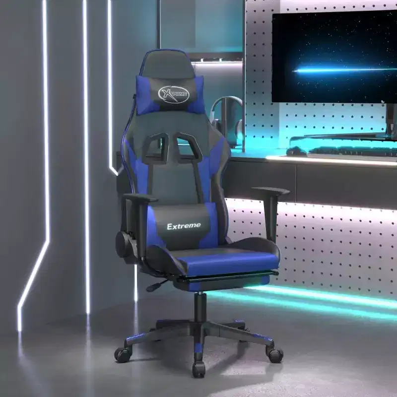 Adjustable Gaming Chair with Footrest and Massage Function, Black & Blue Faux Leather