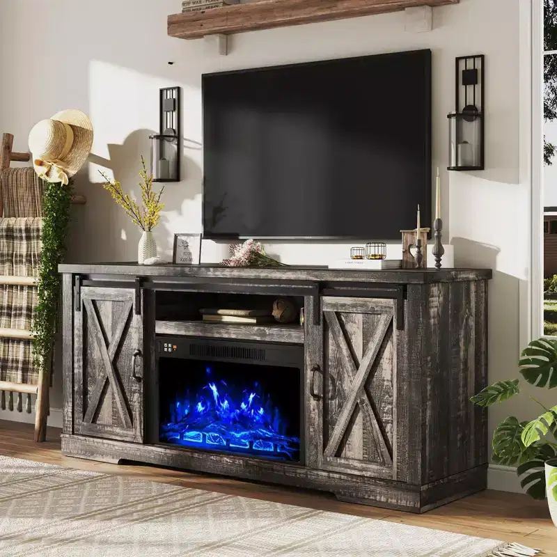 AMERLIFE Fireplace TV Stand with Sliding Barn Door for TVs up to 73, Farmhouse 63 Fireplace Entertainment Center