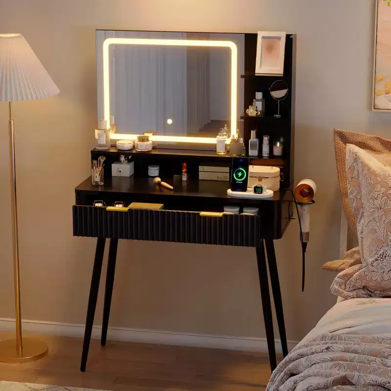 Makeup Vanity Desk with Mirror and Lights, Wooden Dressing Table with 2 Drawers & Charging Station, Small Vanity Table for Bedroom, White