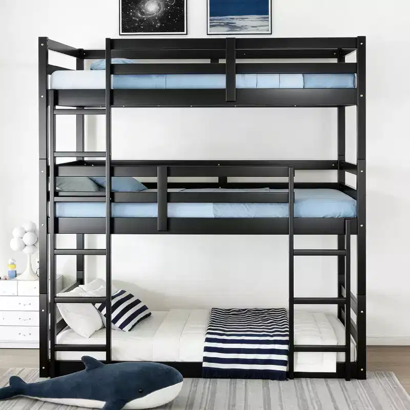 Twin Triple Wood Bunk Bed with 2 Built-in Ladders, Detachable into 3 Twin Size Beds