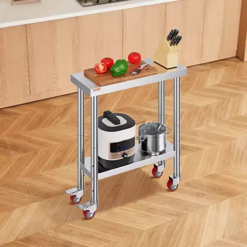 Stainless Steel Work Table 30 x 12 x 34 Inch, 700 LBS Load Capacity with 4 Wheels, 3 Adjustable Height Levels, Silver