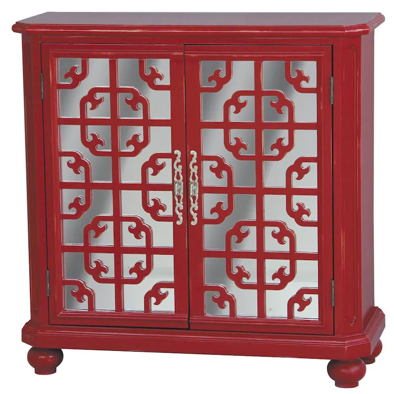 Hand Painted Distressed Red & Mirrored Accent Chest - 13 x 34 x 34