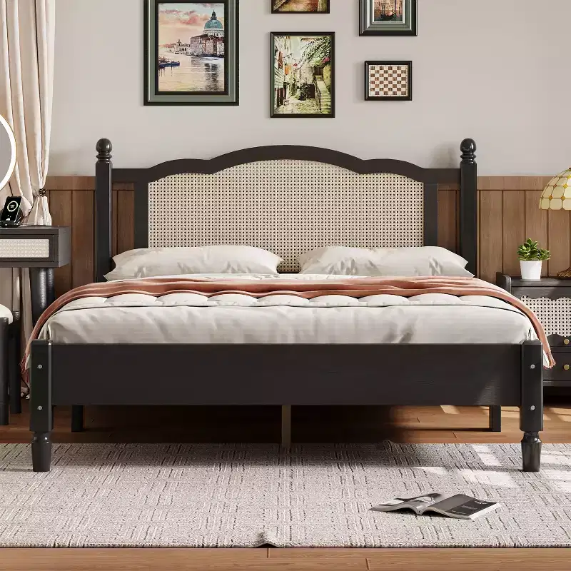 FAMYYT Queen Size Wooden Platform Bed with Natural Rattan Headboard and Wooden Slat Support, Easy Assembly