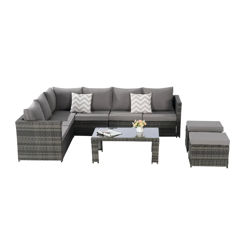 6-Piece Rattan Sectional Sofa Set with Glass Table