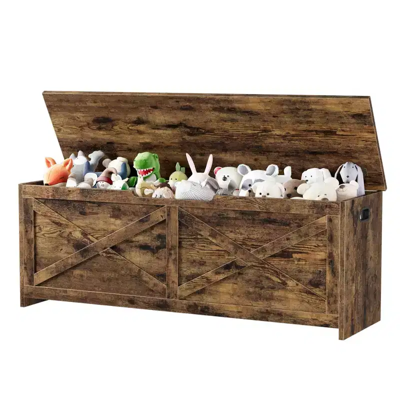 Wooden Storage Bench with Safety Hinges, Large Shoe Bench for Entryway, Living Room, and Bedroom, Easy Assembly