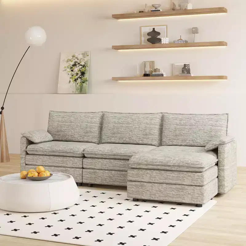 108 Modular Sectional Couch with Movable Ottoman - L Shaped Chenille Sofa for Living Room Apartment