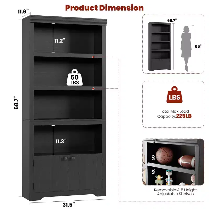 5-Tier Farmhouse Bookcase with 2 Storage Doors, 69 Tall Open Bookshelf Display Rack with Adjustable Shelves for Living Room, Study & Home Office