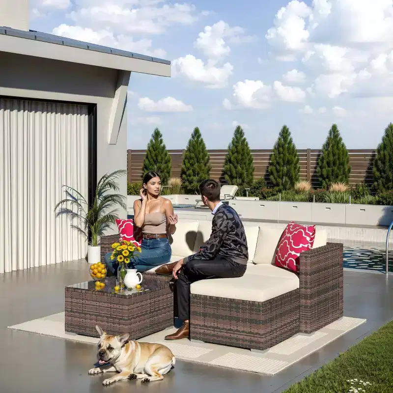 5 Pieces Patio Furniture Set, All-Weather Wicker Sectional Sofa With Anti-Slip Cushions, Rattan Outdoor Patio Furniture Sofa Set With Ottoman