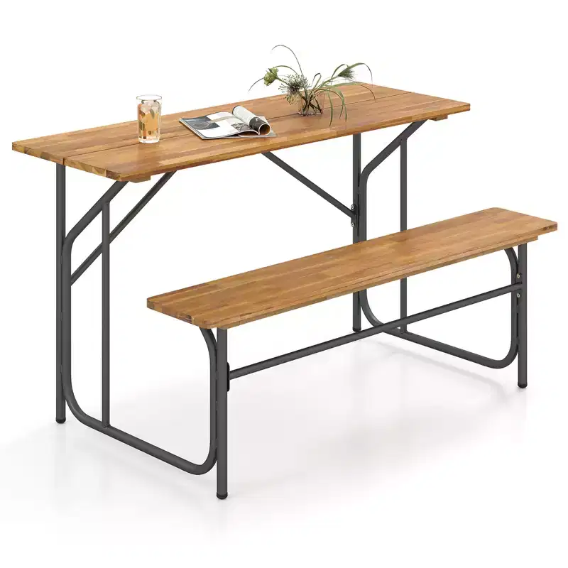 Costway Patio Table Bench Set for 2 Picnic Table & Loveseat w/Acacia Wood Top Metal Legs