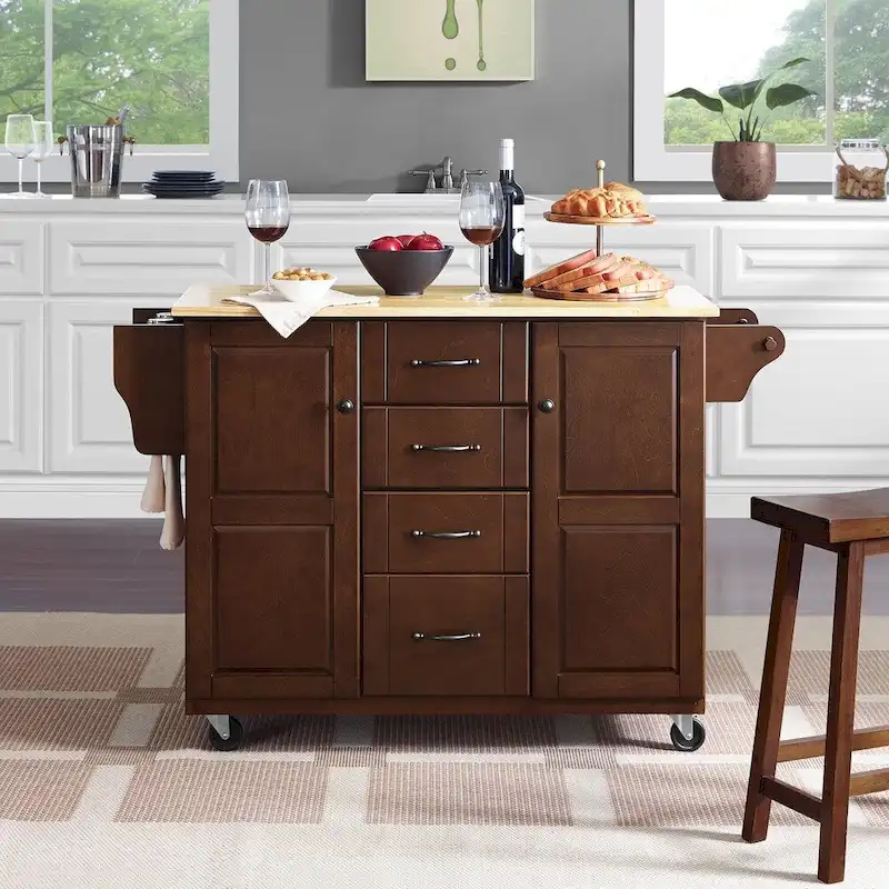 Solid Wood Kitchen Cart with Drawers and Cabinets