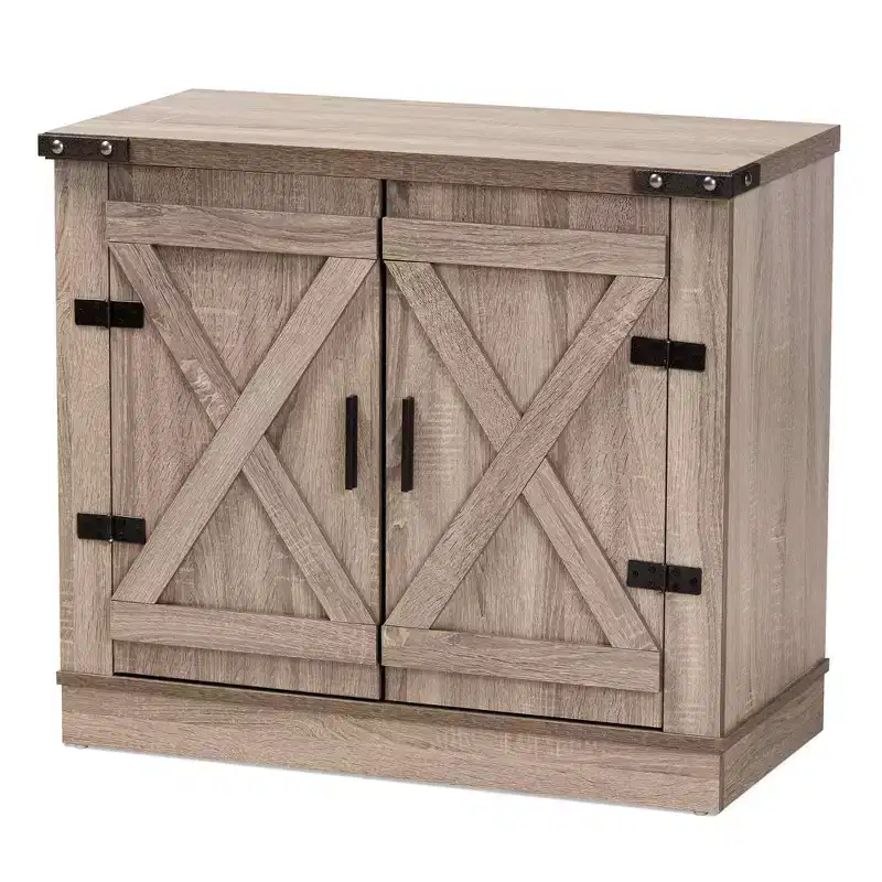 Wayne Farmhouse Wood 2 Doors Shoe Storage Cabinet Oak Brown - Baxton Studio: Entryway Organizer, Holds 9 Pairs