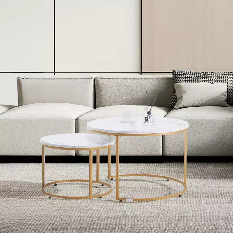 Nesting Coffee Table, 31.5 in Round Coffee Table, Nesting Tables, Vintage End Side Tables Night Stand with Metal Frame, White & Gold