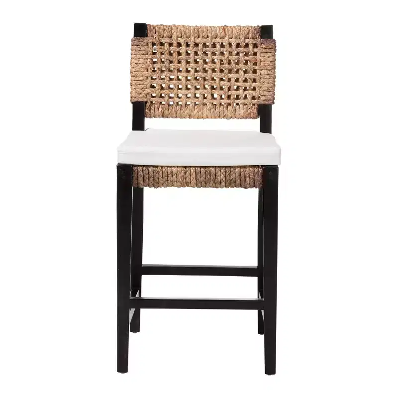 bali & pari Modern Bohemian Counter Stool, Dark Brown Mahogany & Seagrass, Woven Backrest