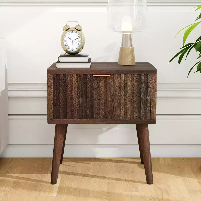 Dyonery 20 inch Walnut Fluted Nightstand Set of 1/2 Mid Century Modern End Table with Drawer Bedside Table Solid Wood End Side Table for Living Room