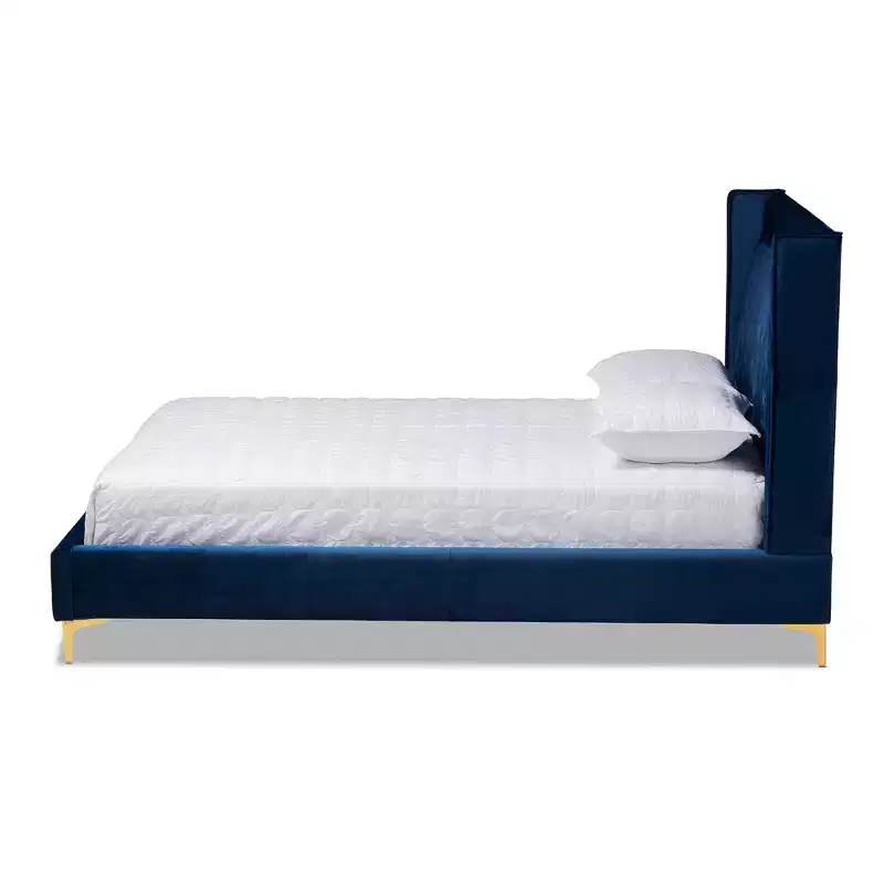 Valery Velvet Platform Bed with Gold - Finished Legs - Baxton Studio