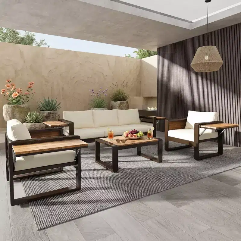 Polibi 4-Piece Outdoor Patio Set with Coffee Table & Fold-Out Side Tables