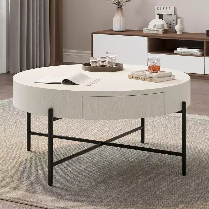 Circular coffee table,round table with drawers,easy to assemble wooden decorative center table,natural living room table