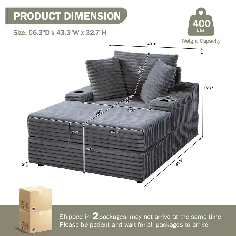 Oversized Corduroy Chaise Lounge Chair - Indoor Upholstered Convertible Cloud Sofa, Storage Ottoman, 3 Pillows, Single Sleeper for Living Room