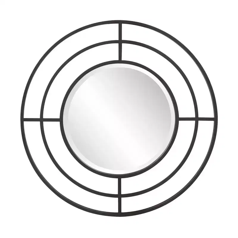 Howard Elliott 23 Round Wall Mirror with Geometric Iron Frame Matte Black: Modern Decor, No Assembly, Wall Mount