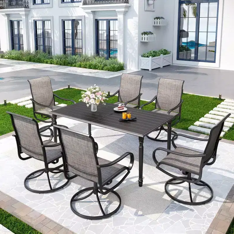 7pc Outdoor Dining Set with Steel Rectangle Table with Umbrella Hole & Swivel Chairs - Captiva Designs: Rust-Resistant, 6-Person Patio Set