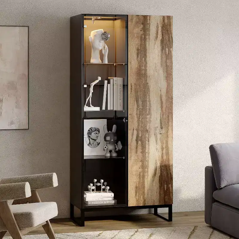LED-Lighted Display Cabinet Bookcase, Glass Wood Door, Stylish Storage for Decor & Books, Freestanding Cabinet