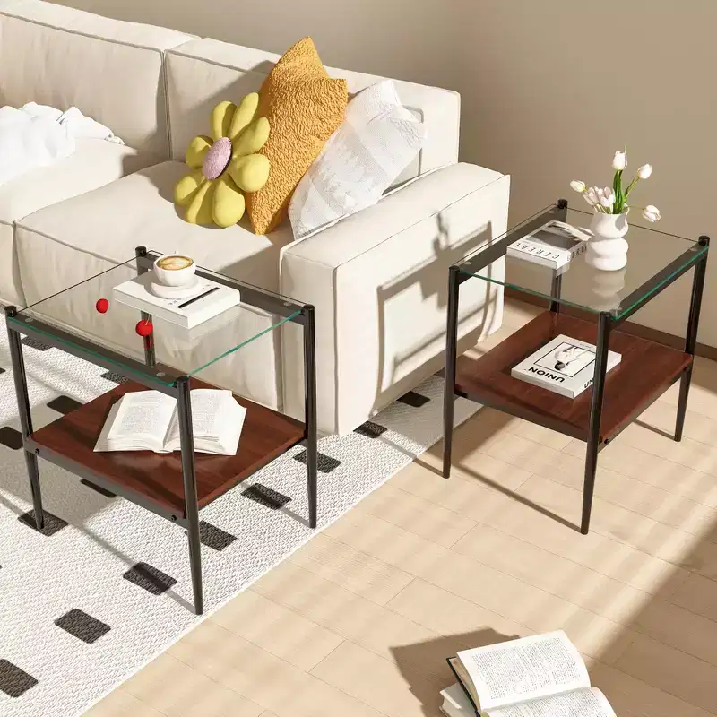 MAYEERTY Set of 2 Rectangle End Table with Tempered Glass Tabletop, for Living Room, Transparent Glass