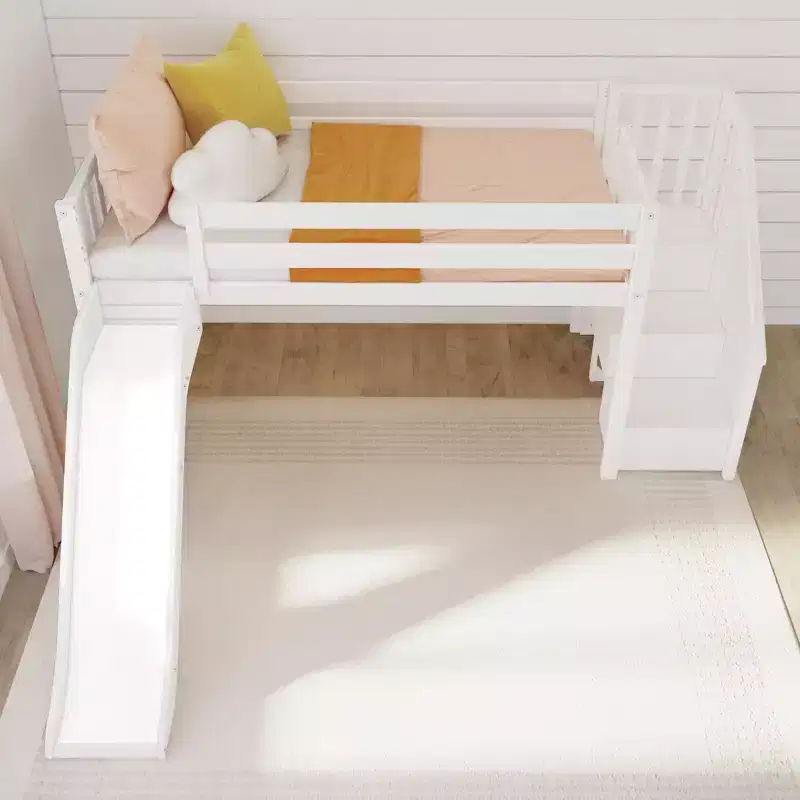 Kids Twin Low Loft Bed with Slide & Stairs, Solid Wood, 14