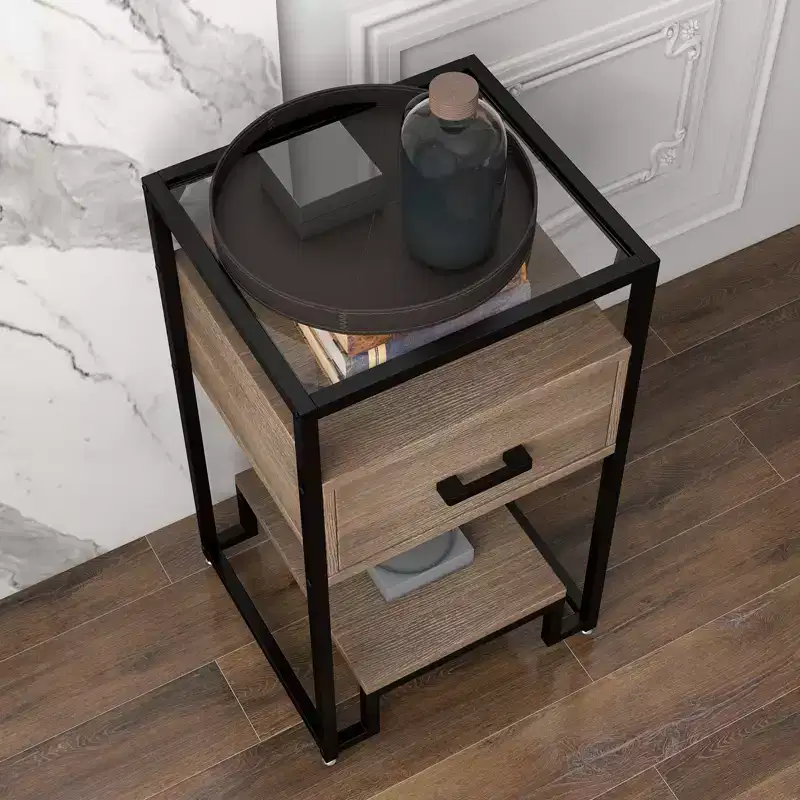 Nightstand End Table with Tempered Glass Top, Wood Drawer & Adjustable Legs