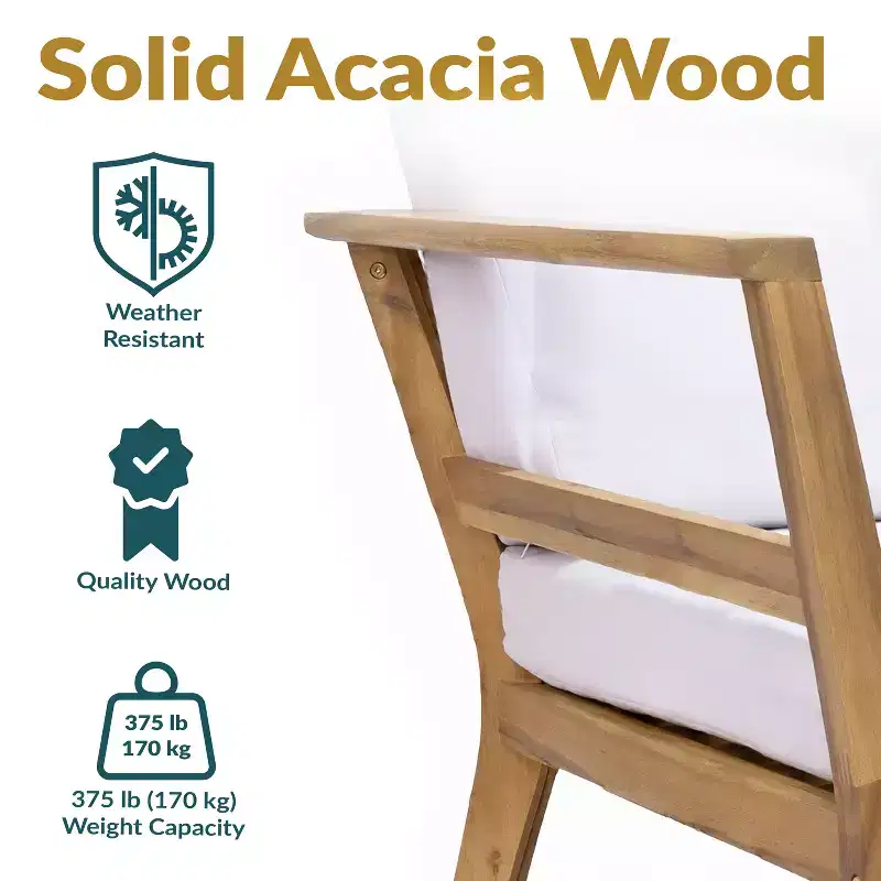 Sunnydaze Bodie Acacia Wood Patio Armchair with Bone White Cushions - Natural