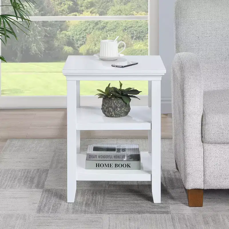 HomeStock Belmont End Table with Shelves Modern Three-Tier Storage Accent Table Solid and Manufactured Wood Versatile Nightstand Table