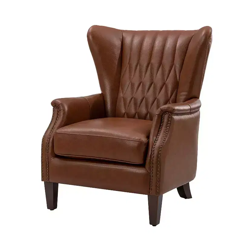 Genuine Leather Wingback Armchair with Nailhead Trim & Solid Wood Tapered Legs