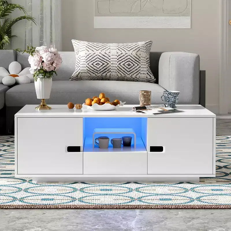 Modern High Gloss Rectangle Coffee Table with Storage & 16-Color LED Lights for Living Room