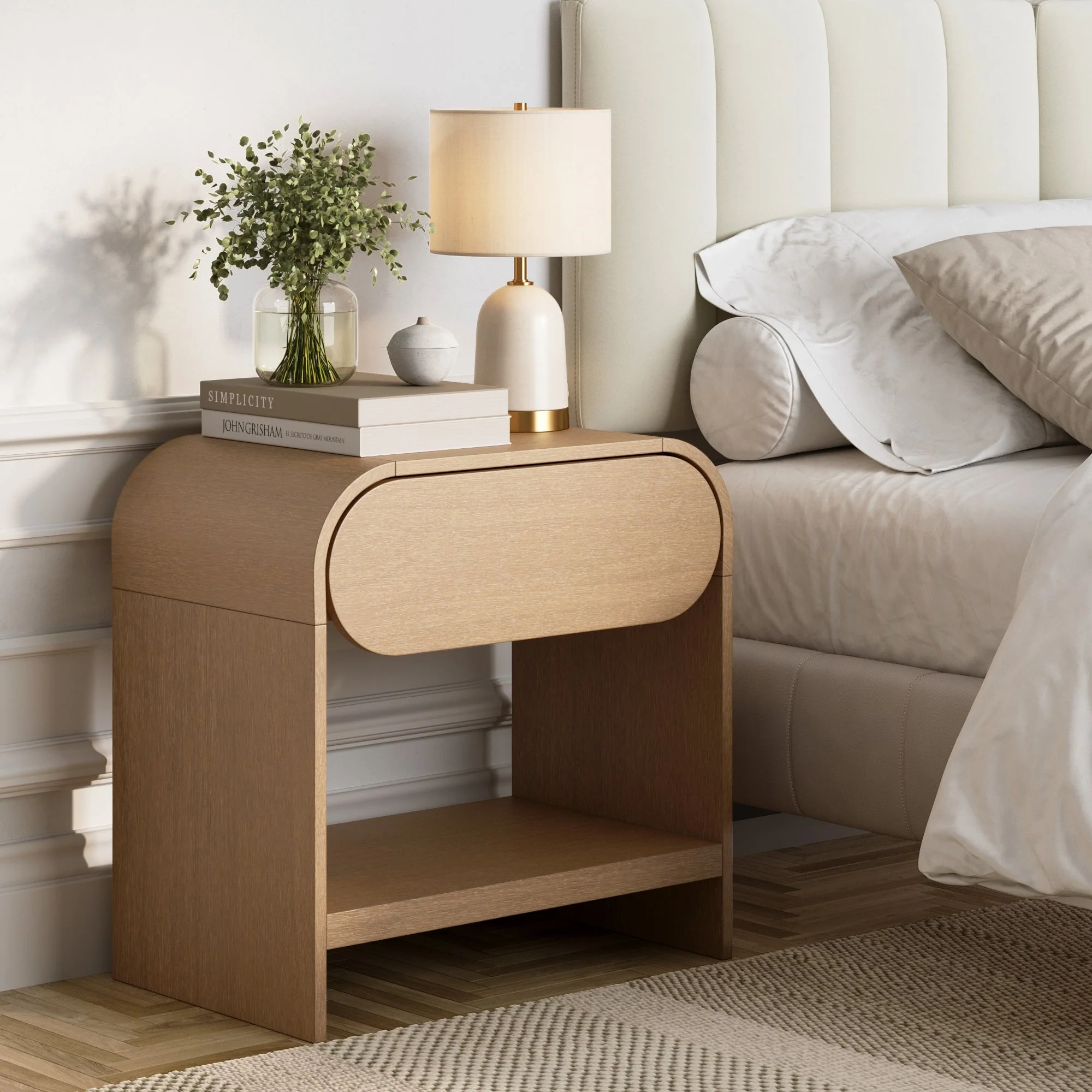 Mid-Century Wood Arched Nightstand Warm Oak