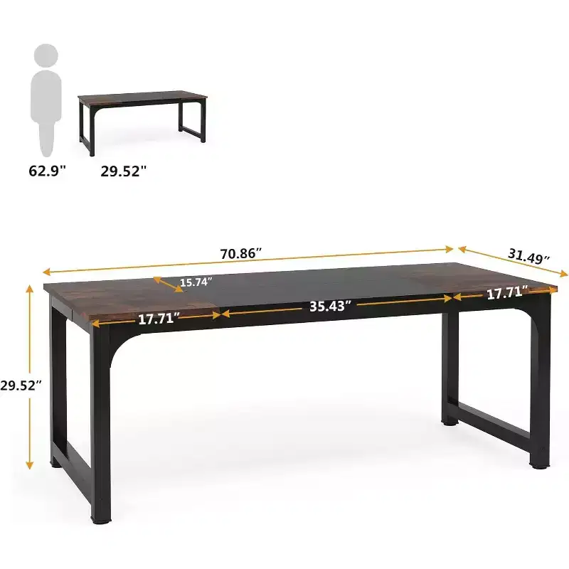 Lantine 70.8-Inch Executive Desk, Large Office Computer Desk with Thick Frame, Modern Workstation for Home Office, Rustic Brown/Black